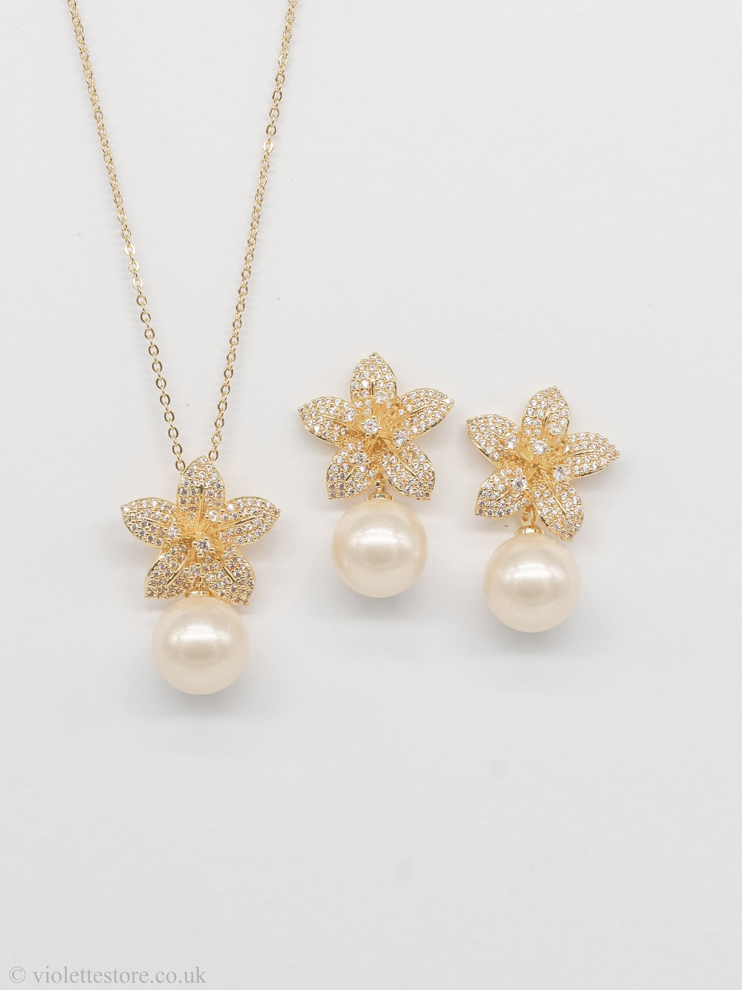 gold pearl jewellery set, CZ stones jewelry set