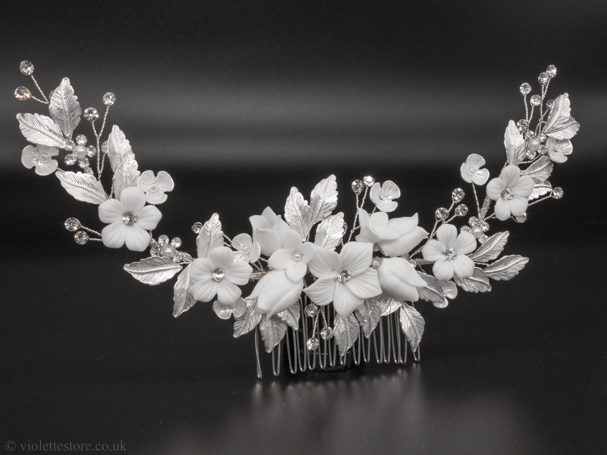 silver hair piece, white handmade ceramic flowers