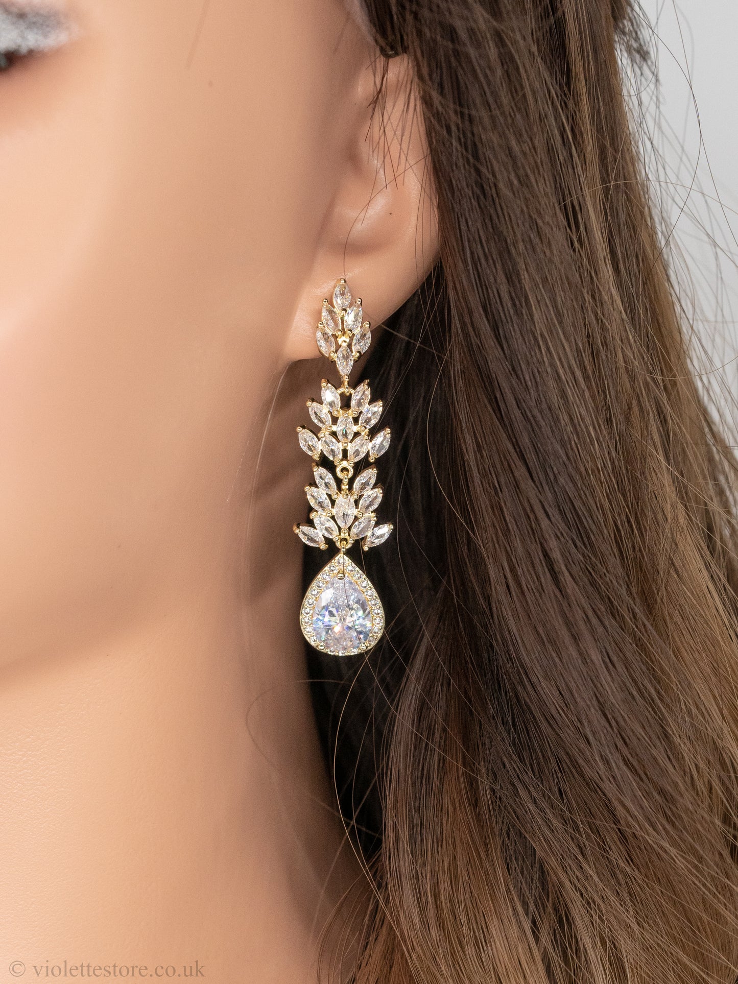 gold crystal earrings, long earrings for bride